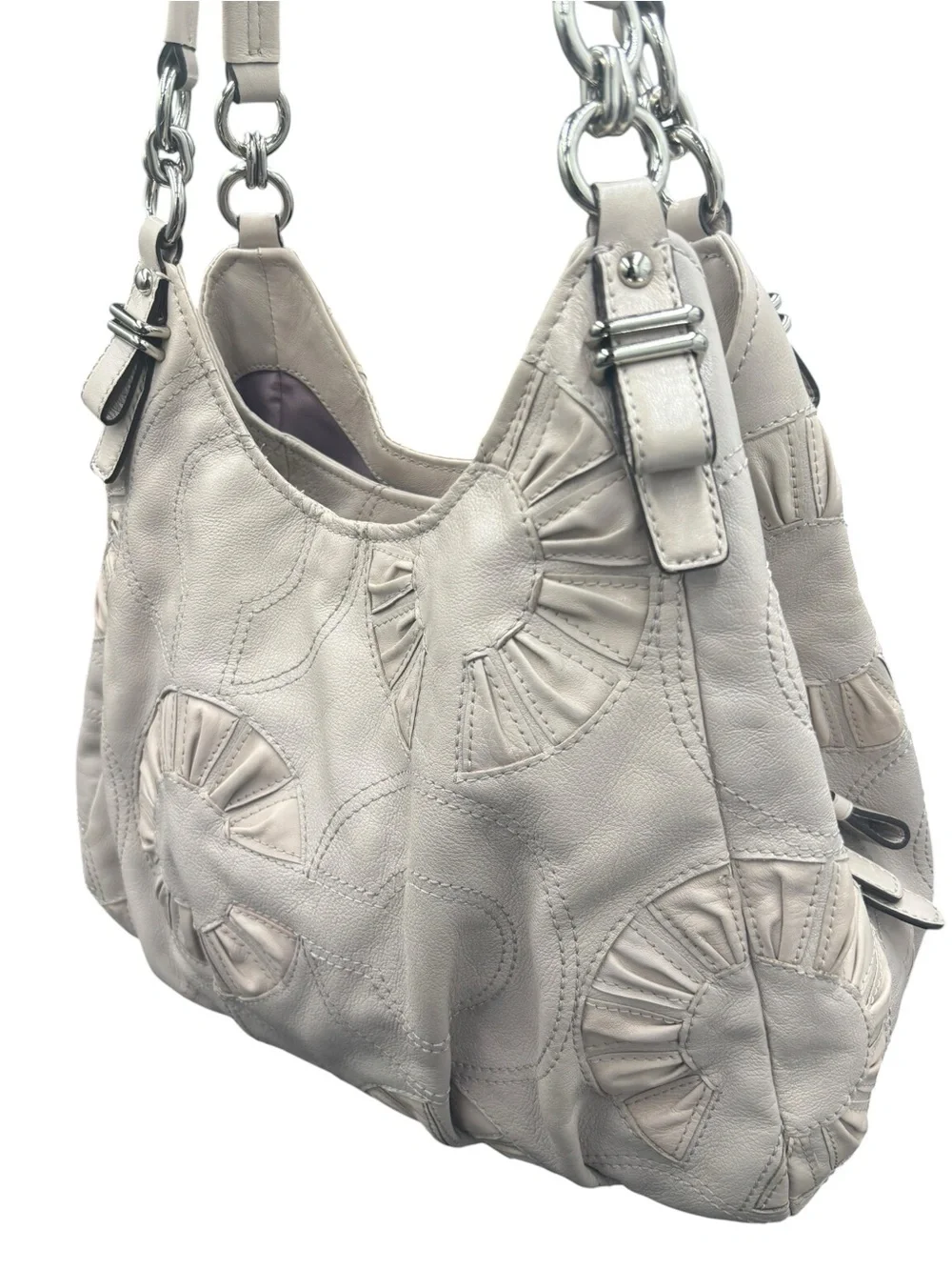 Coach Kristin Leather Pleated Floral Appliqué Hobo Shoulder Bag Ivory Taupe 2010